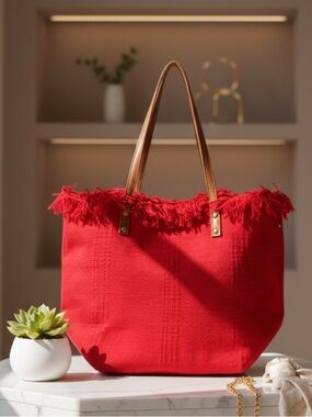 SCARLET FRINGE RED CANVAS TOTE BAG